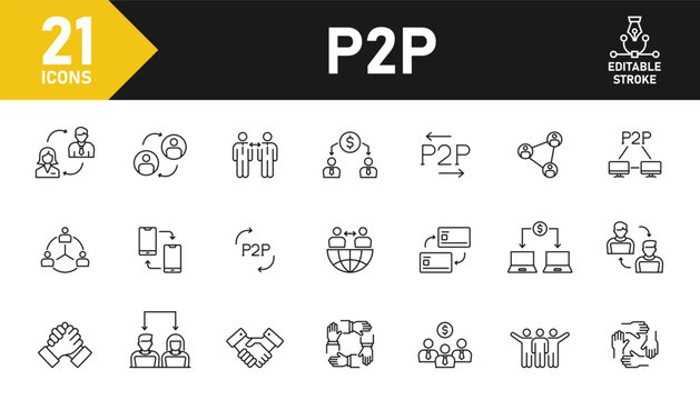 Peer-to-peer P2P line icon set. Set of 21 outline icons related to p2p, peer to peer, employees, networking, connection, co-workers,  and others. Editable stroke. Vector illustration.