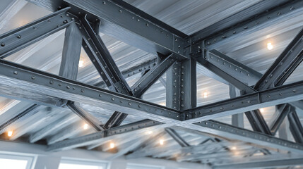 Obraz premium Industrial steel beams and wooden planks form a complex ceiling structure with exposed light bulbs. Close-up view of a robust industrial ceiling featuring riveted steel trusses and weathered wooden