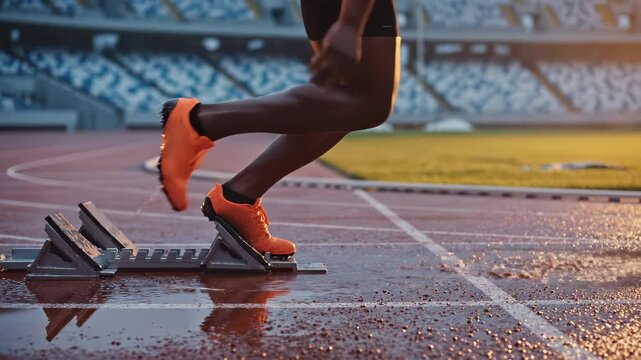 Sprinter starts running from blocks on wet track. Athlete legs push off starting block at stadium. Runner shoes splash water on track. Speed runner starts fast race. Sport training on wet stadium