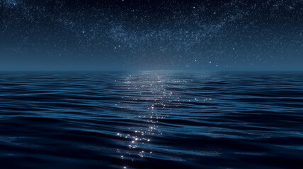 Fototapeta premium 星空が水に溶け込んだような神秘的で幻想的な水面の光景を描いたストックフォト素材で、癒しや夢幻的な映像に最適な背景素材