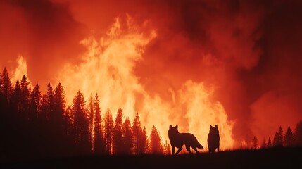 Fototapeta premium A dramatic scene of two wolves silhouetted against a raging wildfire, with towering flames and smoke rising among darkened trees.