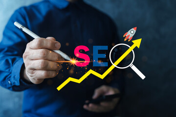 SEO Optimization Concept with Rising Chart, Rocket and Magnifying Glass