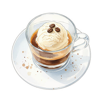 Refreshing affogato dessert with rich espresso shot and creamy vanilla ice cream scoop on white background