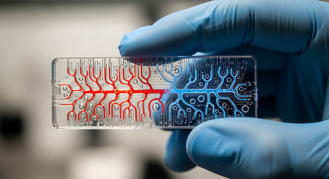 Close-up of a microfluidic device with intricate branching channels filled with red and blue liquids, held by a gloved hand, illustrating advanced scientific research and biotechnology applications