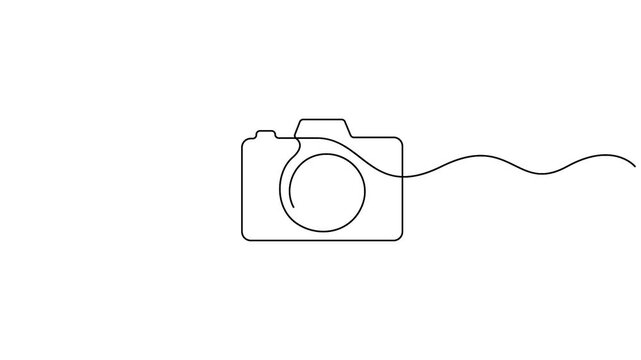 Self animated minimalist single line illustration of a professional camera, Full length one line art animation