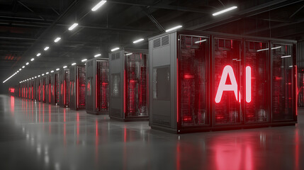 AIデータセンターのサーバールーム ― 赤く発光する人工知能基盤インフラ