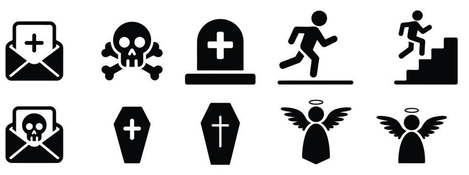Funeral and death vector icon set with tombstones, crosses, urns, mourning symbols, candles, and memorial graphics, suitable for obituary design, remembrance materials, and vector illustration use.