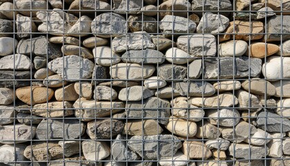 Seamless Photorealistic Modern Gabion Wall Texture with Natural River Stones and Wire Mesh Background
