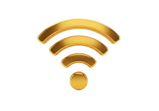 high-fidelity 3d render of a polished, reflective gold wi-fi icon on a transparent background with copy space, showcasing maximum bandwidth. concept of technological luxury and seamless communication
