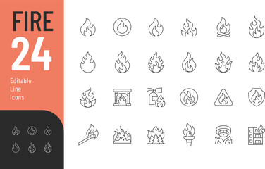 Fire Line Editable Icons set. Vector illustration in modern thin style of fire of different shapes and sizes: a match, fireplace, forest fire, and more. Isolated on transparent background. © Vectuz
