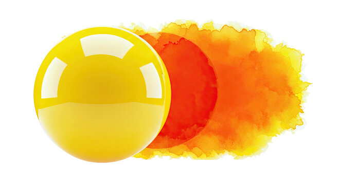 Glossy yellow sphere against watercolor sunburst