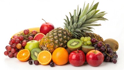 A healthy group of fresh, ripe tropical fruits including pineapple, apple, orange, banana, and kiwi is isolated on a white background for a colorful diet and food concept