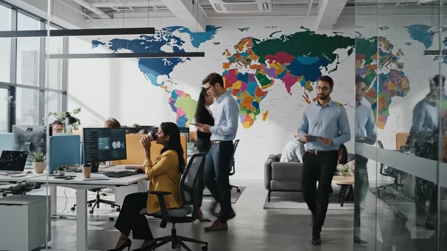A large modern office space with a world map mural on the wall video