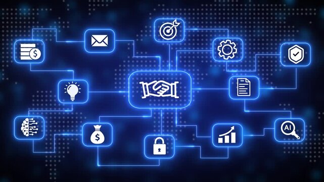 A bright neon blue digital flowchart diagram featuring business and technology with a handshake at the center, set against a dark background with a subtle digital map overlay