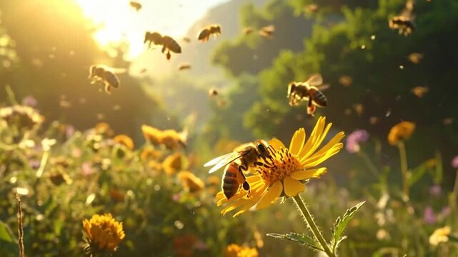 A vibrant scene of bees buzzing around yellow flowers in a sunlit meadow, capturing nature's beauty.