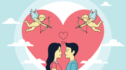 Obraz premium Two winged cupids shooting love arrows towards a romantic young couple standing in front of a giant pink heart to celebrate valentines day.