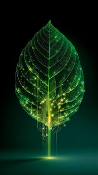 Futuristic Bio Leaf with Neon Circuit Veins and Sparkling Particles on Dark Background. Biotech Innovation, Green Computing, Cyber Ecology.