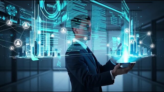 Businessman interacting with futuristic digital interface in modern office environment from a side view