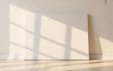 Fototapeta premium Square blank canvas with soft, warm sunlight and shadow patterns falling across it on a textured wall and wooden floor, perfect for artistic presentations.