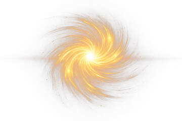 Abstract golden light spiral vortex, glowing swirl with glitter particles and radiant flare, magical cosmic energy motion effect on transparent background. © Poliak
