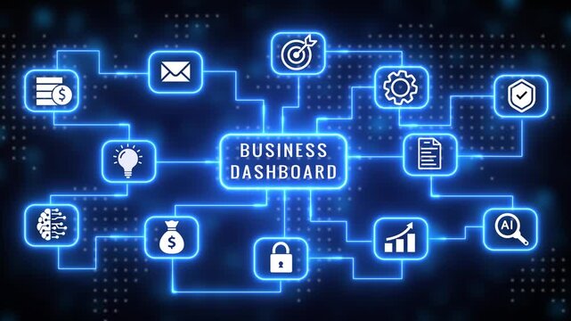 A vibrant neon blue digital flowchart diagram with business and technology centered on a prominent BUSINESDASHBOARD" text, against a dark background with a digital map overlay