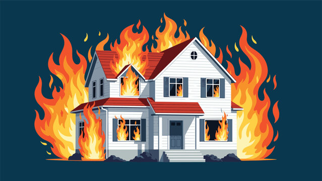 Large two-story white suburban house is engulfed in fierce orange and yellow flames against a dark blue background night sky.