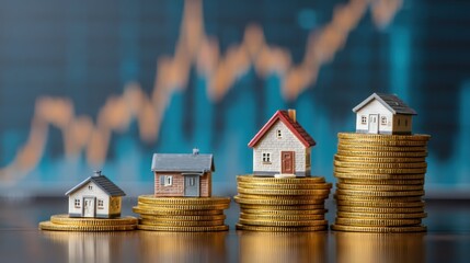 Miniature houses on stacks of coins with a financial graph background