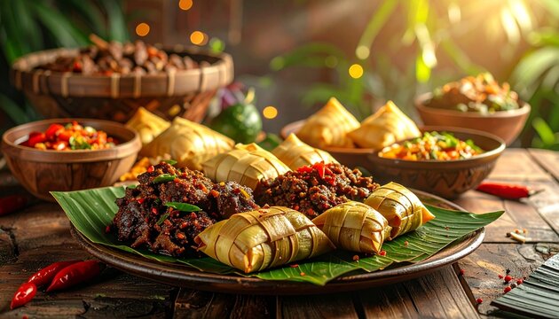 A realistic high-quality food photograph of traditional Indonesian Eid al-Fitr dishes featuring ketupat and beef rendang, beautifully arranged on a wooden table, warm natural lighting, rich textures