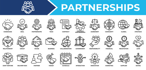 Fototapeta premium Partnerships icon set collection. Containing, commitment, joint, organization, partner, trust, handshake, important .Line vector icons collection