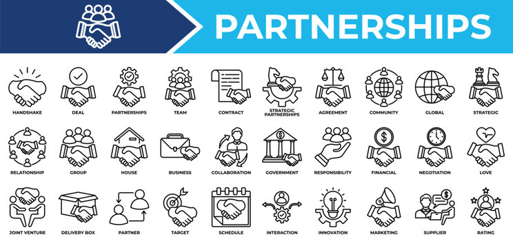 Partnerships icon set collection. Containing, commitment, joint, organization, partner, trust, handshake, important .Line vector icons collection