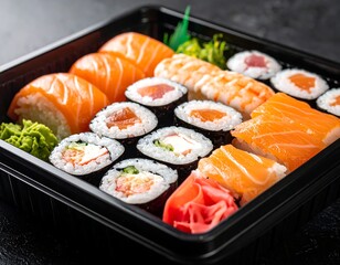 A variety of fresh sushi rolls and nigiri in a black container