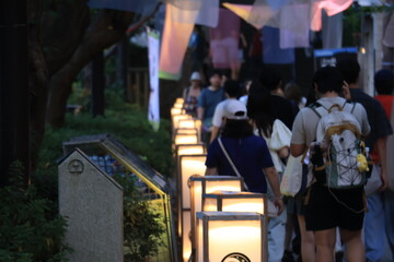 江ノ島にある神社や歩道がライトアップされた夜景

