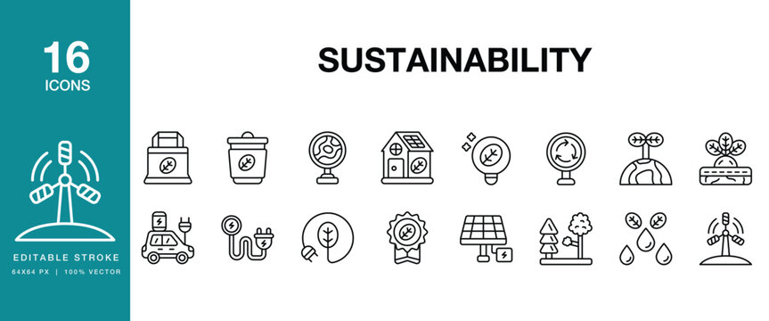 Sustainability icon set. Includes sustainability, sustainable, green, eco, ecology and More. Editable Stroke Icon Collection.