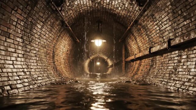 A dark, damp sewer tunnel, the brick walls glistening with rainwater and the only light from a distant lamp. video