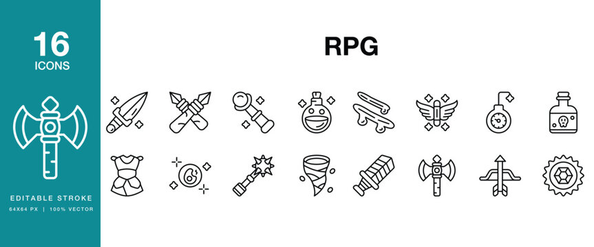 RPG icon set. Includes rpg, roleplaying, fantasy, adventure, quest, hero and More. Editable Stroke Icon Collection.