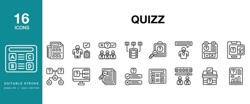 Quiz icon set. Includes quiz, trivia, question, answer, test, exam, challenge and More. Editable Stroke Icon Collection.