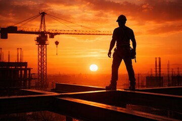 Fototapeta premium A construction worker stands atop a platform overlooking a sunset with cranes in the background.
