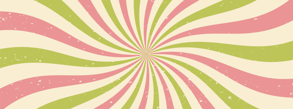 Retro groovy sun ray background with swirl wave. Spiral candy starburst burst pattern. Comic texture bg.