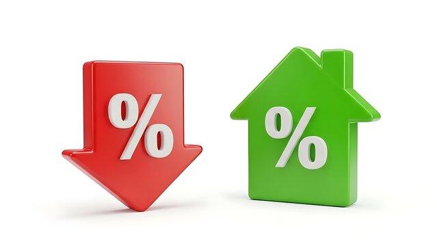 Red down arrow and green house with percentage signs