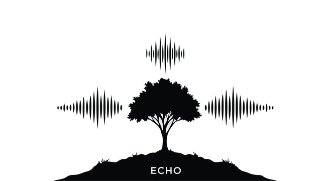 Tree on hill with sound waves emanating, symbolizing echo and connection