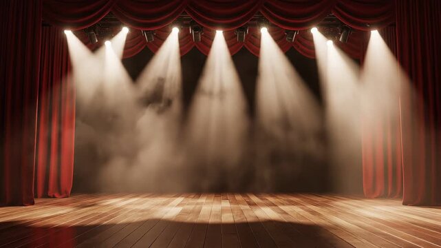 Empty stage with red velvet curtains and wooden flooring lit by spotlights creating a dramatic atmosphere for events.
