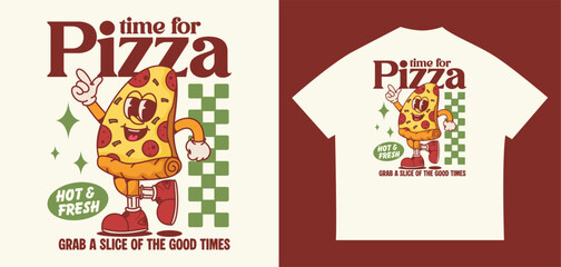 Retro pizza mascot character in vintage streetwear style with checkered background and typography for t-shirt design and posters © luqart97