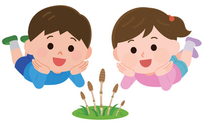 寝そべってつくしを見る男の子と女の子　イラスト