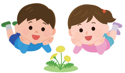 寝そべってタンポポを見る男の子と女の子　イラスト