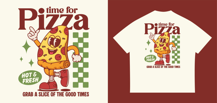 Retro pizza mascot character in vintage streetwear style with checkered background and typography for t-shirt design and posters