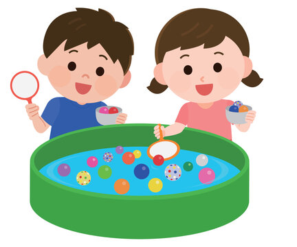 スーパーボールすくいをする男の子と女の子　イラスト