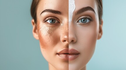 Obraz premium Split composition showing woman's face, one half with PDRN mask application, glowing hydrated skin results on other half, clinical precision lighting