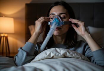 Woman using oxygen concentrator in bed.
