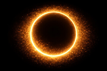 Naklejka premium Golden glowing light ring halo, abstract circle flare with glitter particles and sparkle dust, radiant magic energy effect on transparent background
