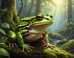 Obraz premium A large green frog with golden eyes sits on a mossy log